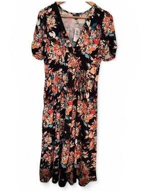 Black Floral V Neck Flutter Sleeve Midi Dress